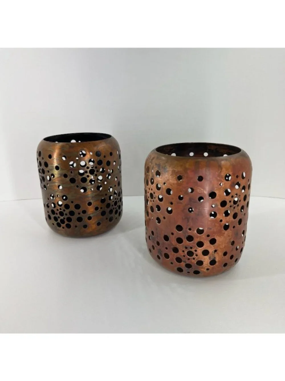 Set of 2 Pierced Copper Metal Candle Holders Votive Lanterns Rustic Decor